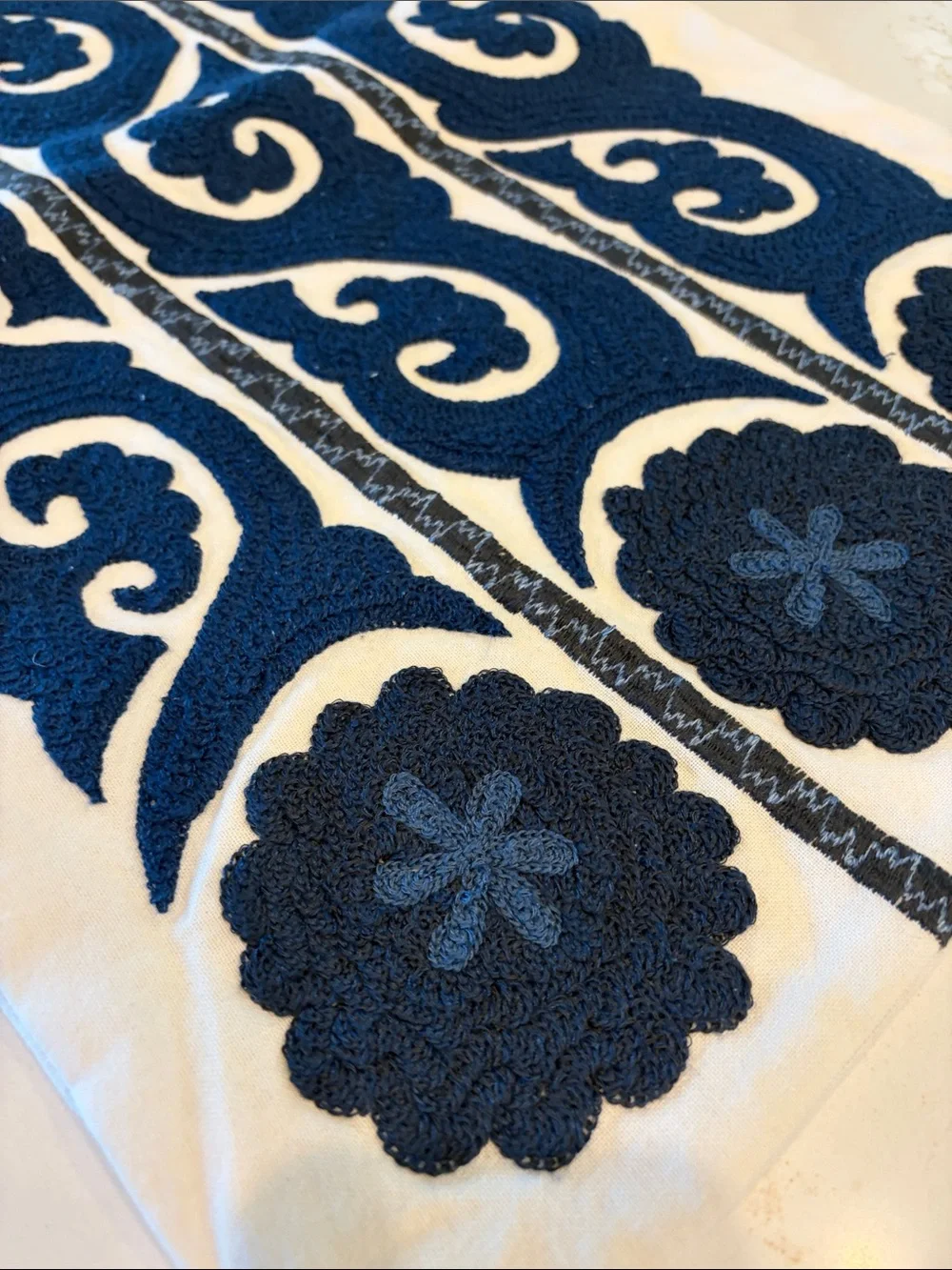 Pottery Barn Navy Blue and White Embroidered Pillow Cover 16 X 26